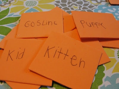 pile of cards with names of baby and mama animals