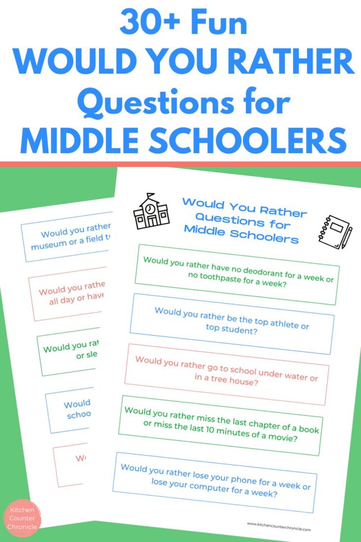 2 sheets of would you rather questions with title "30+ fun would you rather questions for middle schoolers"