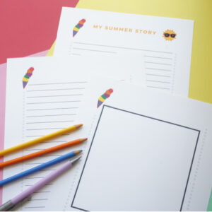 print out of complete set of summer story writing pages for kids with pencil and pencil crayons