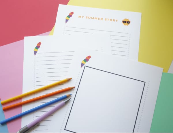 print out of complete set of summer story writing pages for kids with pencil and pencil crayons