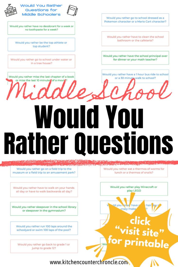 new middle school would you rather questions for kids printable quiz