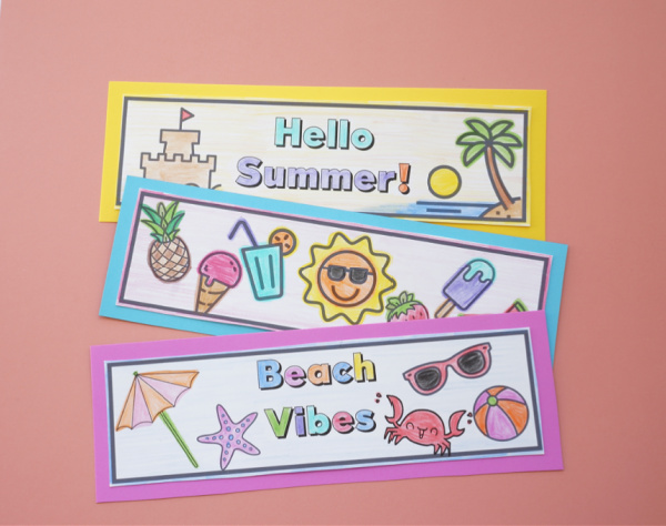 summer bookmarks colored and cut out on table