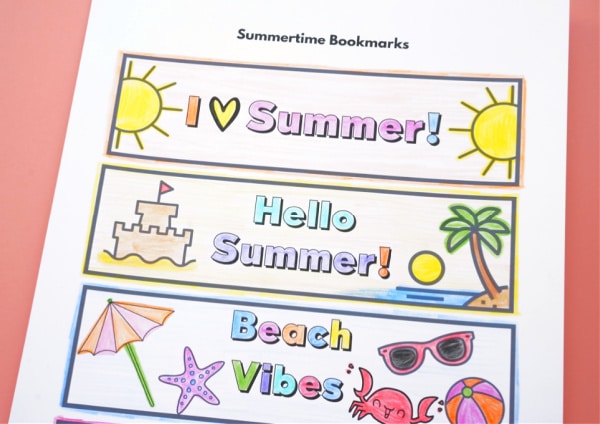 printout of summer colouring bookmarks