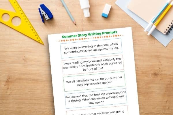 summer story writing prompts printed out on desk top