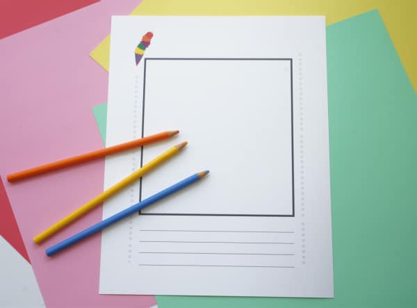 summer writing page with box for drawings and pencil crayons
