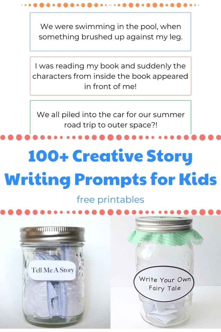 100 Creative story writing prompts for kids collage and title bar