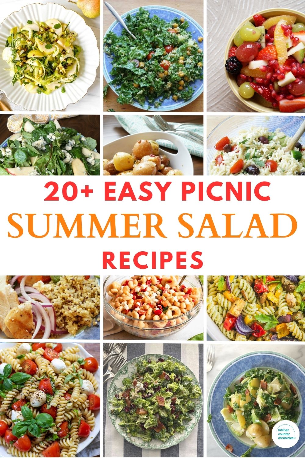 collage of 12 summer salads with the title "20+ easy summer picnic salad recipes"