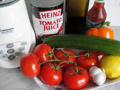 gazpacho ingredients tomatoes, cucumber, tomato juice and blender