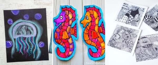 fun summer art activities for teens to make collage black glue seahorses zentangle and jellyfish