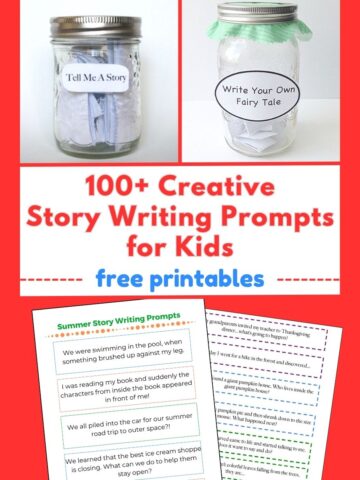 title 100+ printable Story Writing Prompts and collage of storytelling jars featured image