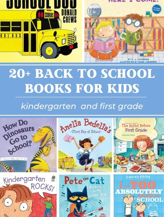title "best back to school books for kids - kindergarten and first grade" with collage of 8 book covers.