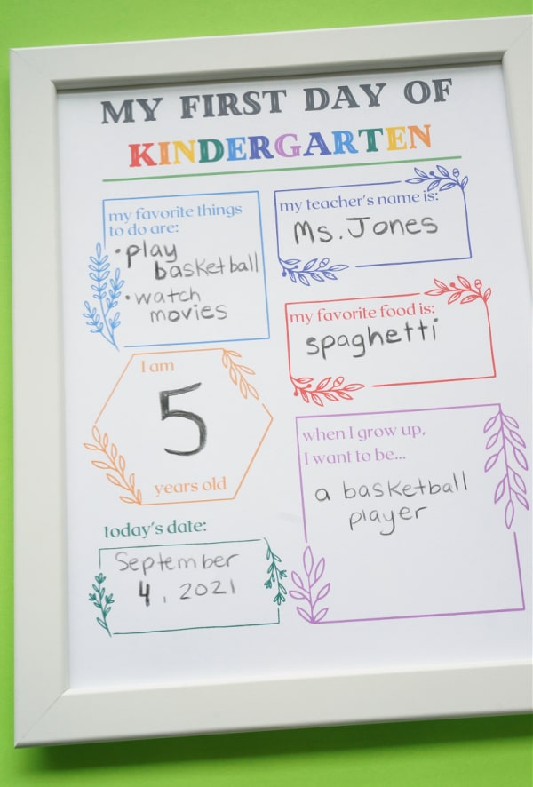 first day of school photo sign printed and in frame