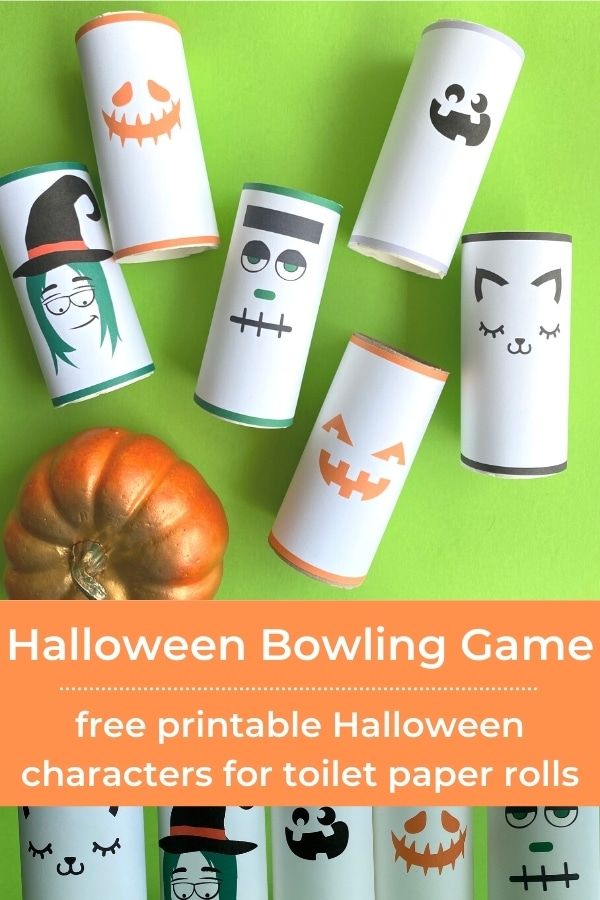 Halloween pumpking bowling with toilet paper rolls with title