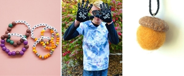 fall crafts for older kids fall friendship bracelets, spider web tshirt and felted acorn necklace