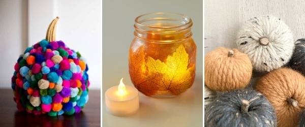 fall crafts for older kids pom pom pumpkin, leaf mason jar lantern, wool pumpkins