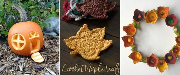 fall crafts for tweens - fairy pumpkin, crochet maple leaf and egg carton fall flower wreath