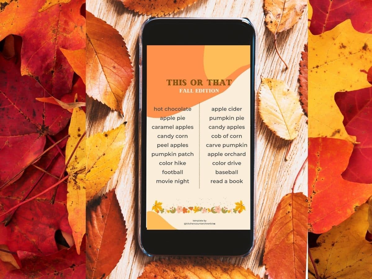 fall this or that edition instagram template on cell phone in pile of leaves