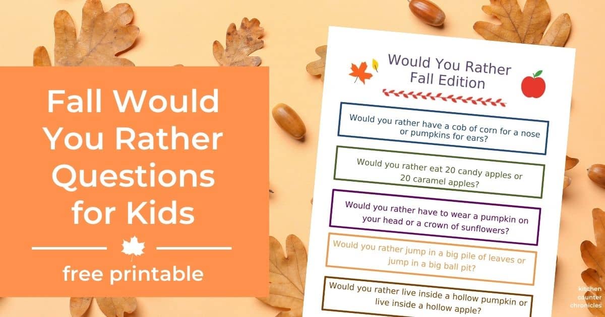 fall would you rather questions for kids printed out with title and fall leaves