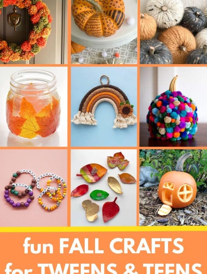title "fun fall crafts for tweens and teens" with collage of fall crafts - pumpkin, clay leaves, friendship bracelets, pompom crafts