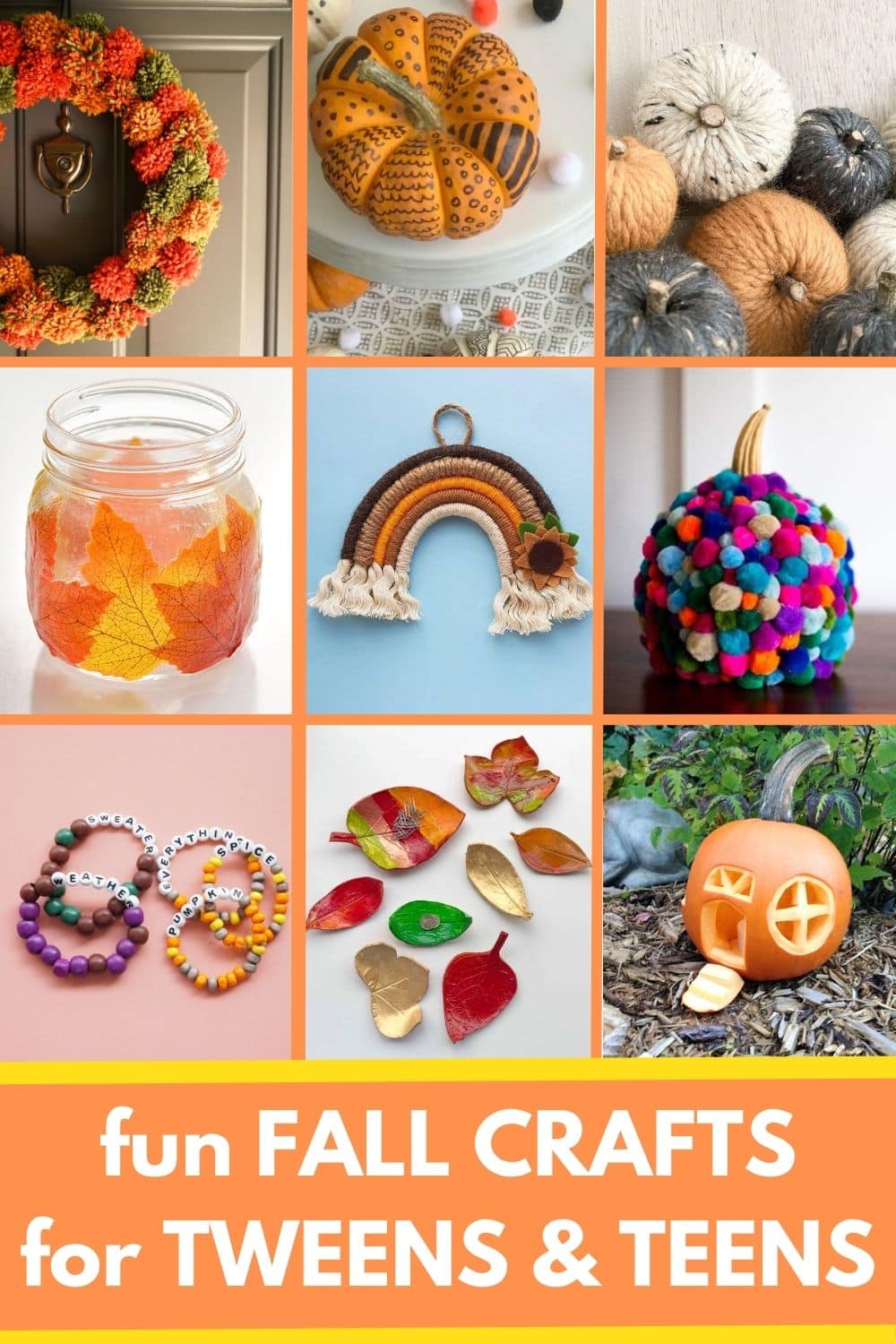 title "fun fall crafts for tweens and teens" with collage of fall crafts - pumpkin, clay leaves, friendship bracelets, pompom crafts