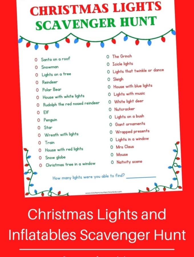Christmas Lights Scavenger Hunt printed out on red background and title