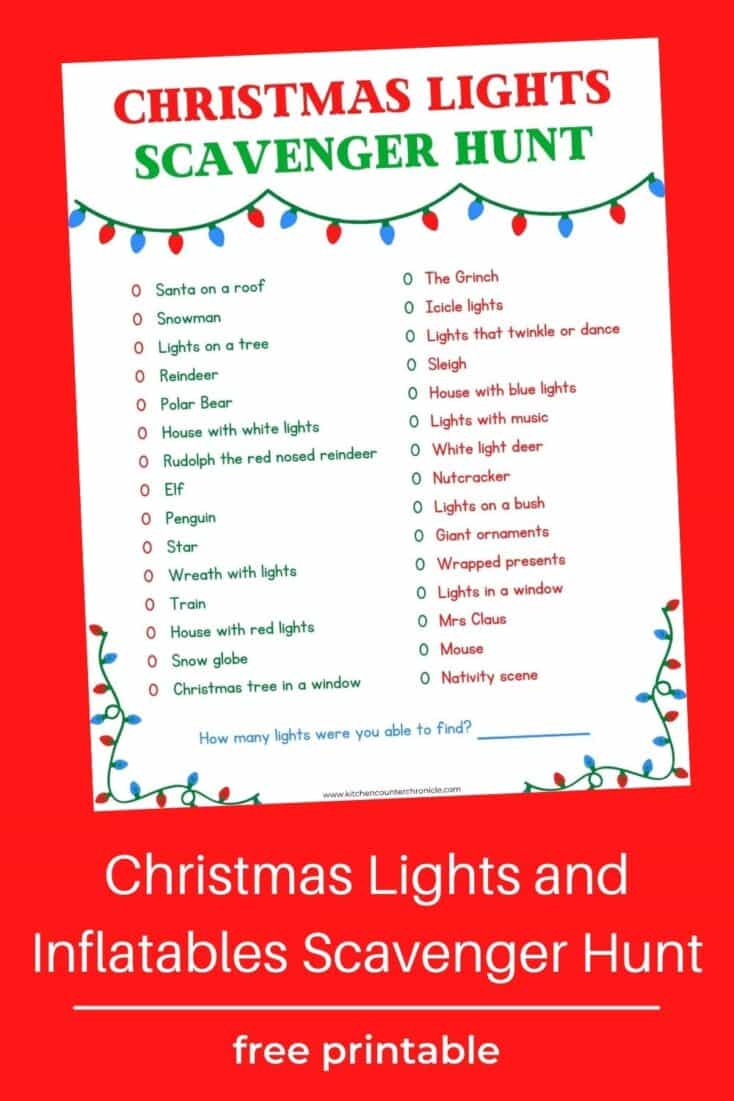 Christmas Lights Scavenger Hunt printed out on red background and title