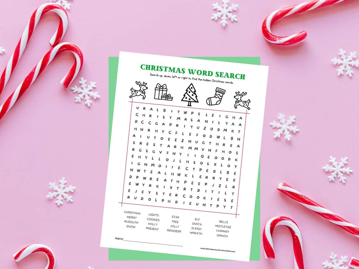 Copy of christmas word search answers on table candy canes and snowflakes