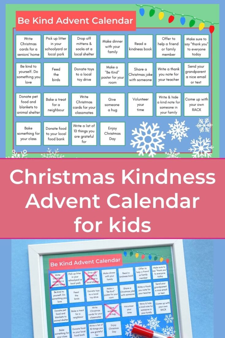 printable be kind advent calendar for kids with title and printed advent calendar