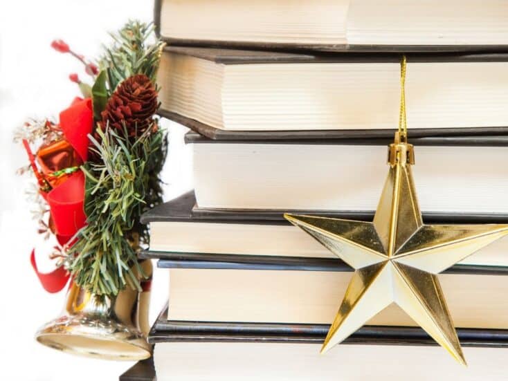 book advent calendar pile of books with christmas oraments