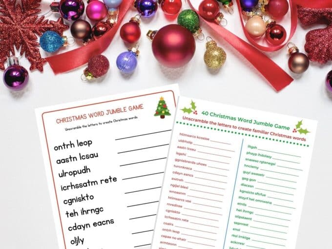 christmas word games christmas word scramble games for kids and tweens printed on table with ornaments