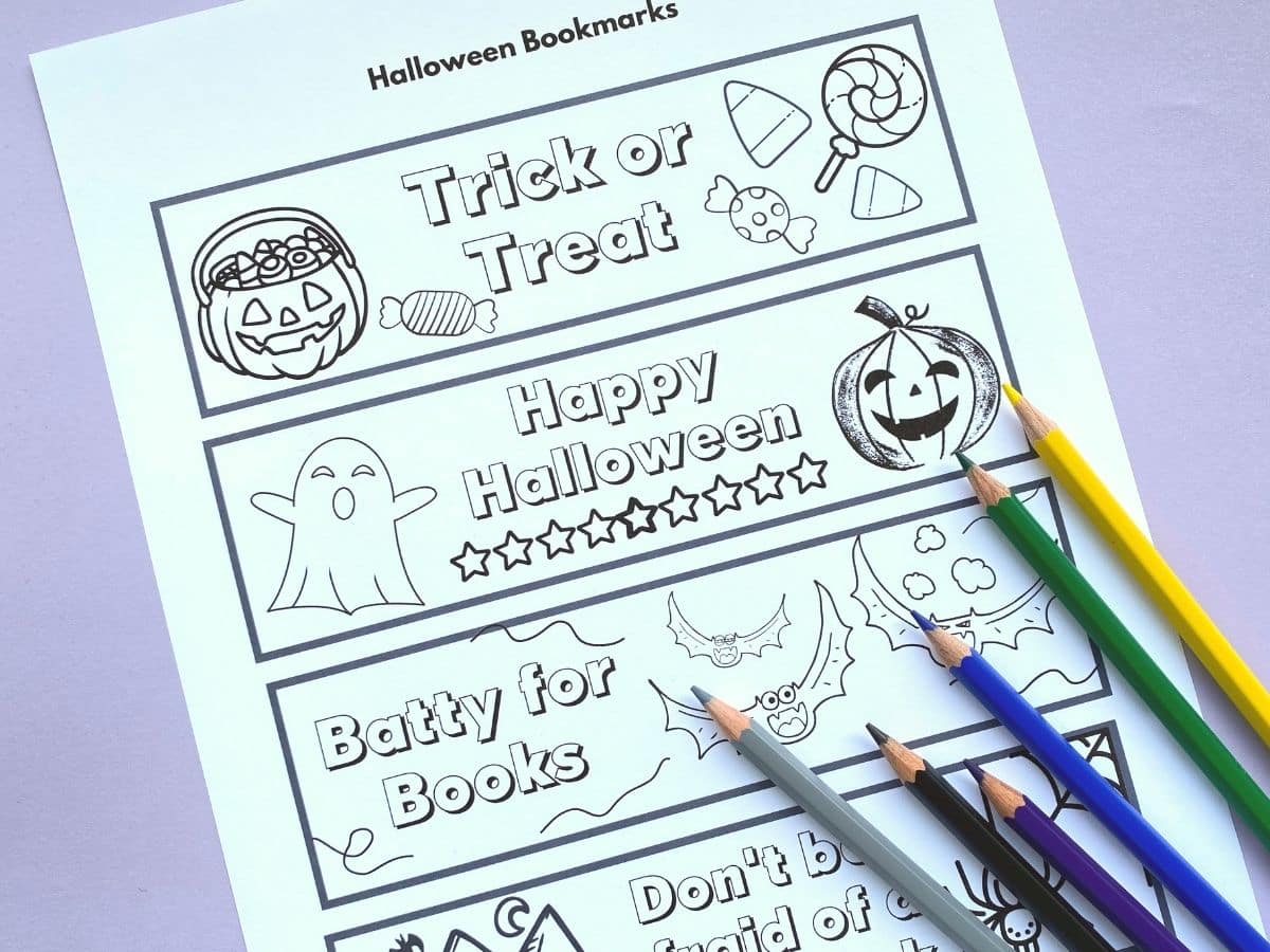 halloween bookmarks printed on paper with pencil crayons