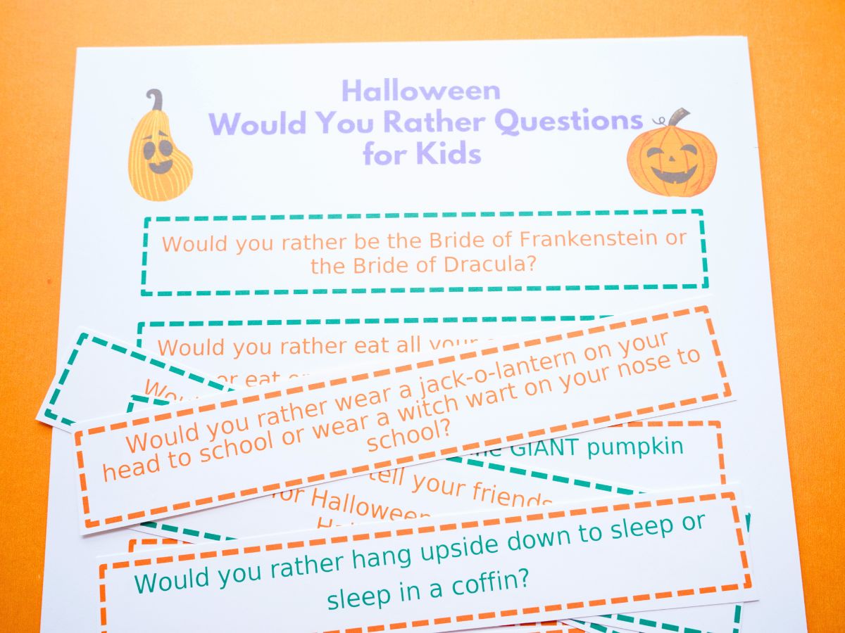 print out of halloween would you rather questions with questions cut into strips