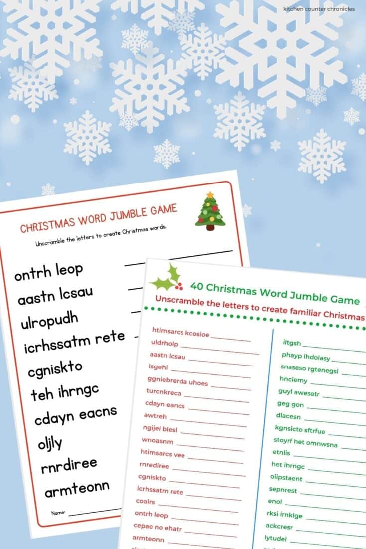printable christmas word scramble games for kids with blue background
