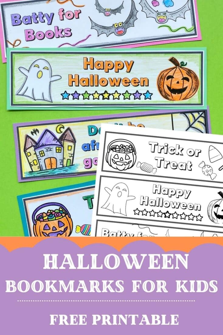 title "halloween bookmarks for kids - free printable" with 4 Halloween bookmarks for kids to color
