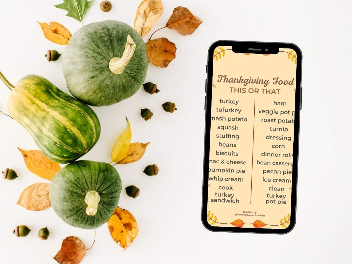 thanksgiving food this or that instagram template on phone with gourds around it