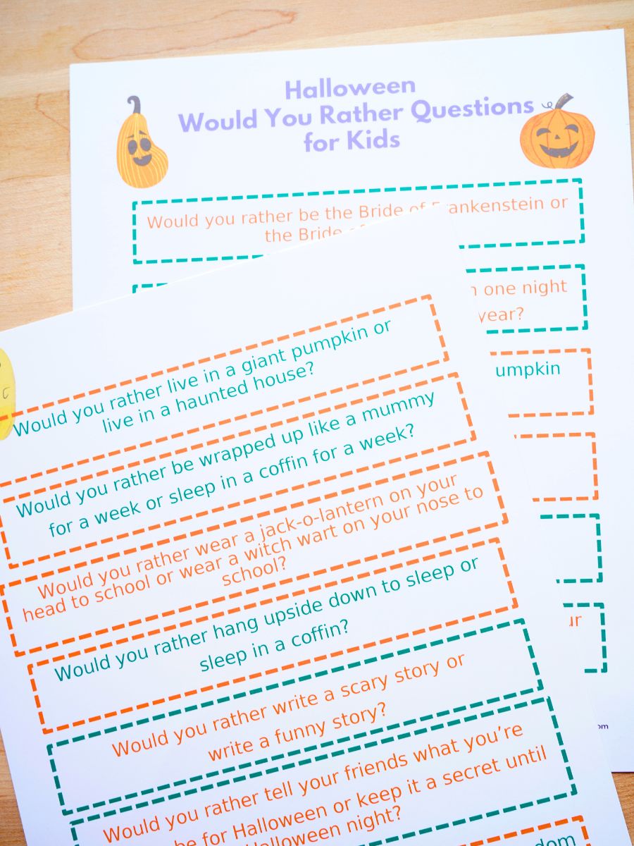 vertical image of 2 sheets of would you rather halloween question