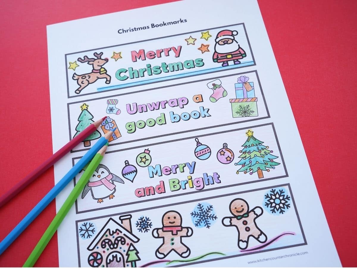 christmas bookmarks to print colored with red blue and green pencil crayons
