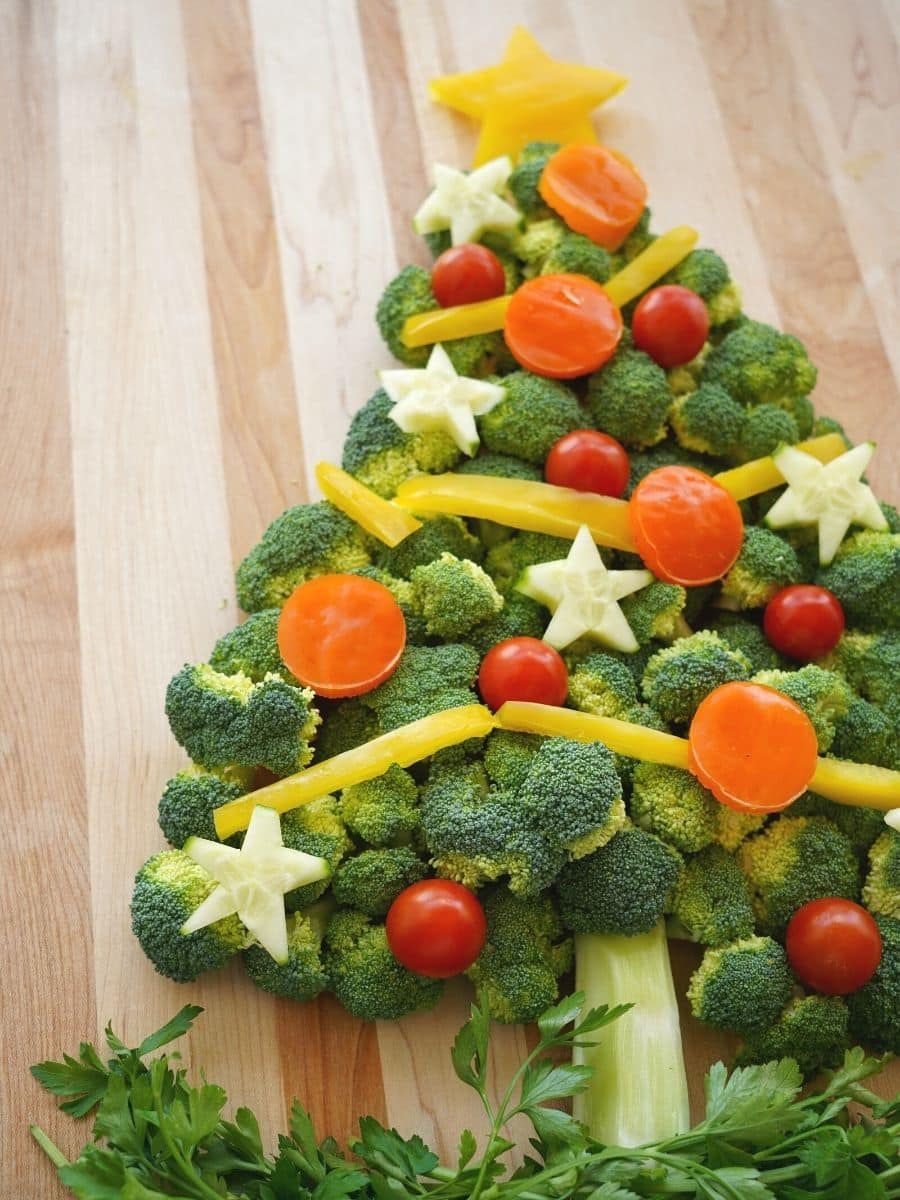 close up of finished vegetable christmas tree on cutting board