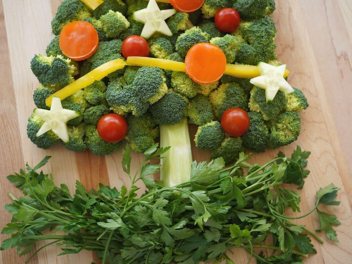 close up of vegetable christmas tree appetizer