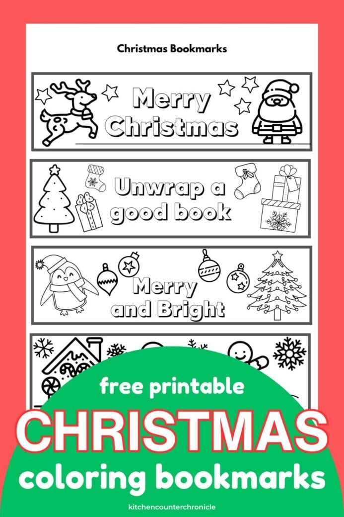 print out of Christmas bookmarks to color on red background pin
