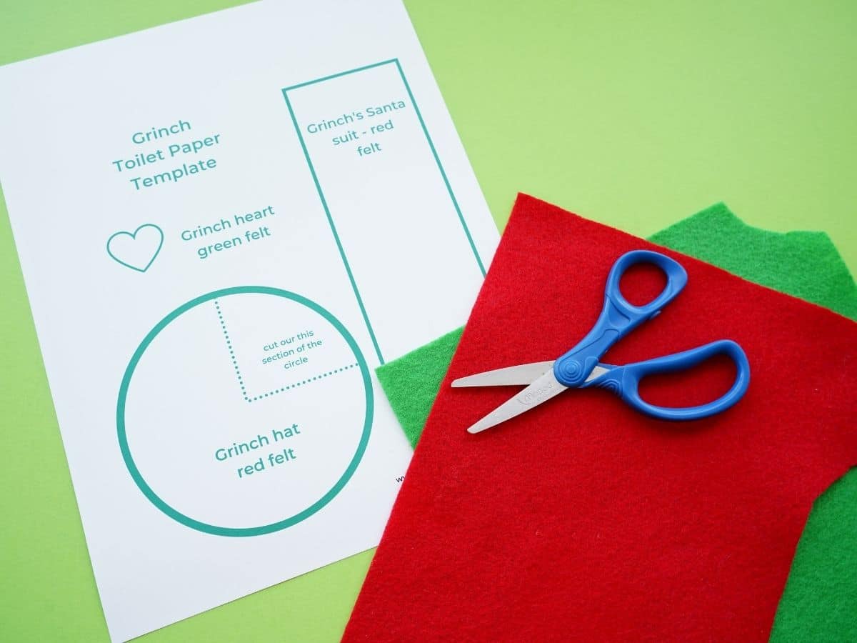 toilet paper roll grinch template with red and green felt