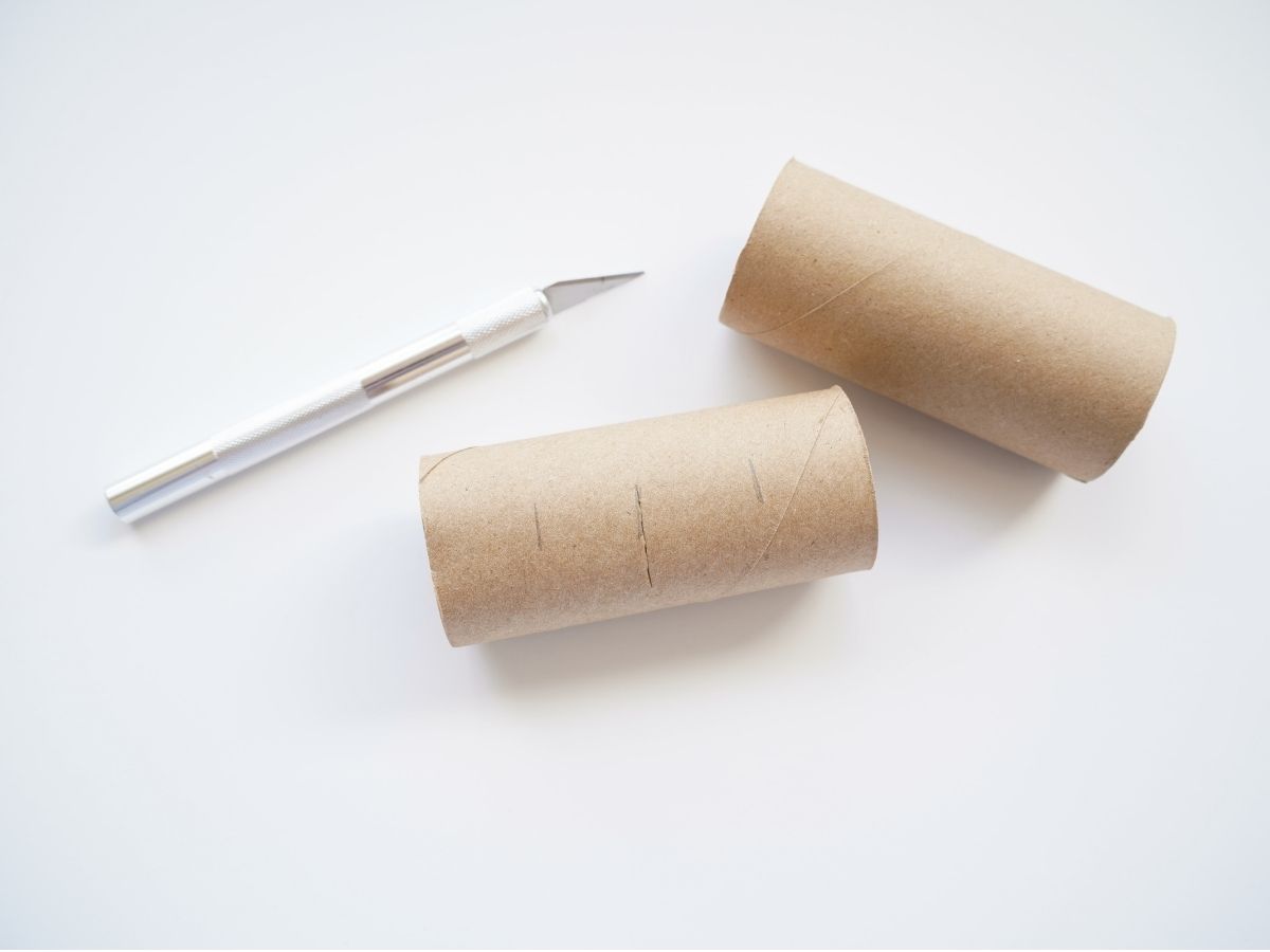 toilet paper roll with pencil lines and utility knife
