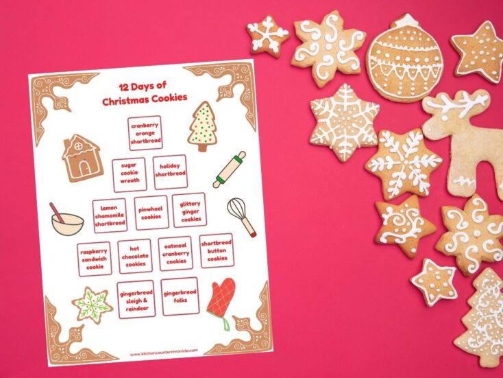 12 days of cookies advent calendar printed out on table with christmas cookies