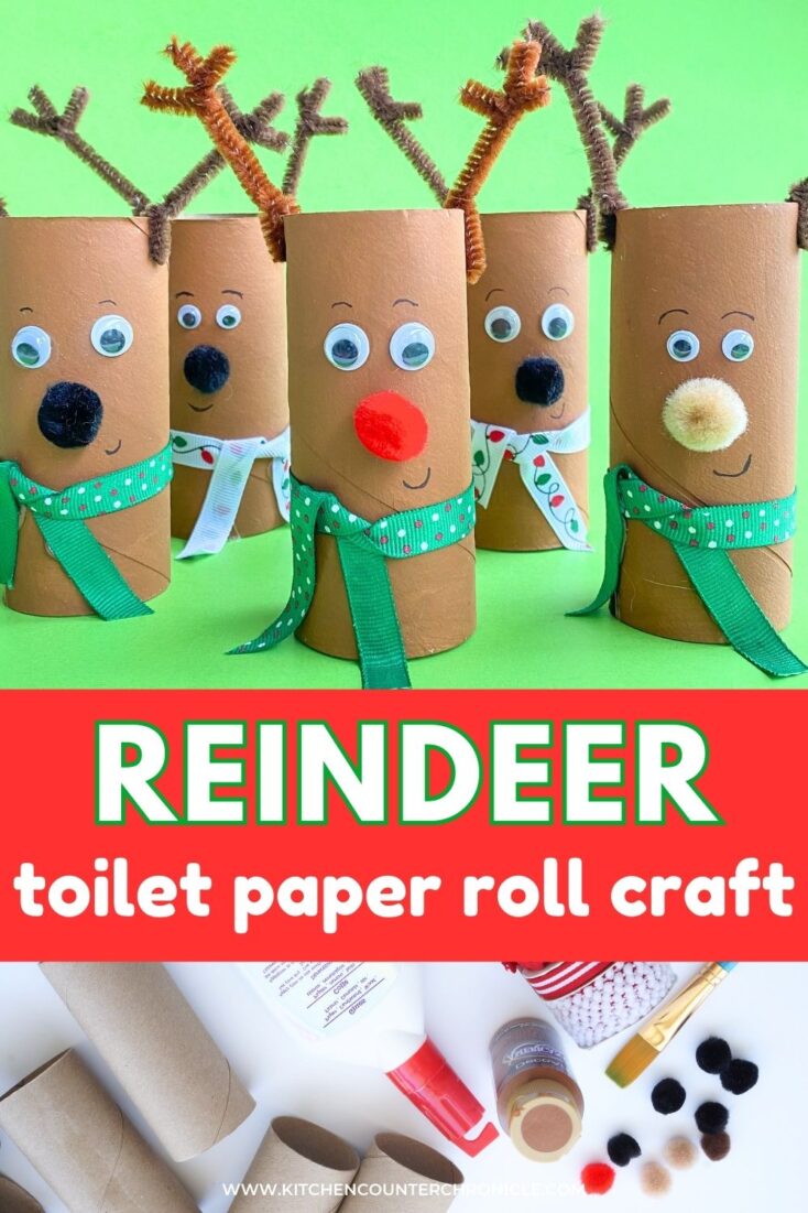 Title "reindeer toilet paper roll craft" with image of toilet paper roll reindeer with pipe cleaner antlers and supplies to make them