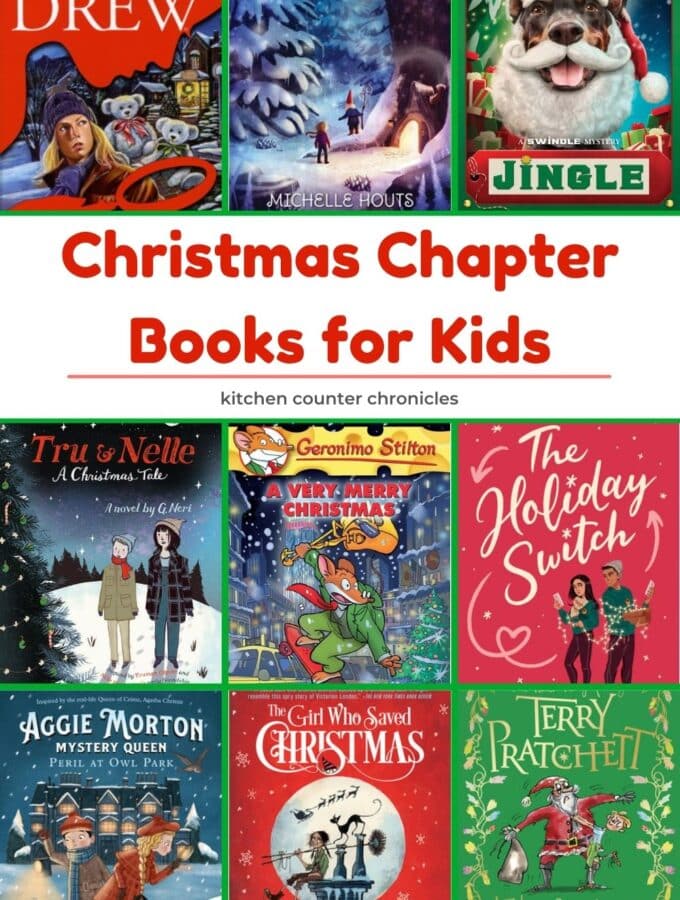 collage of christmas chapter books for kids with title