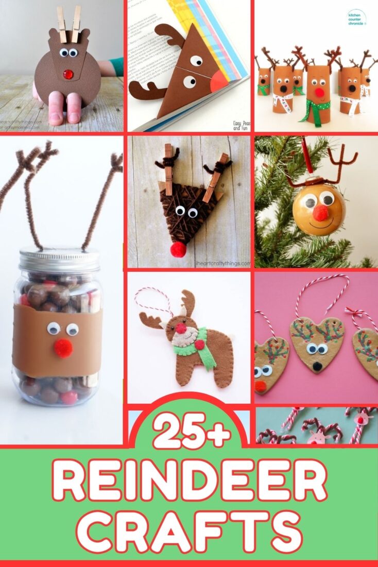 collage of reindeer crafts with title 25+ reindeer crafts for kids to make