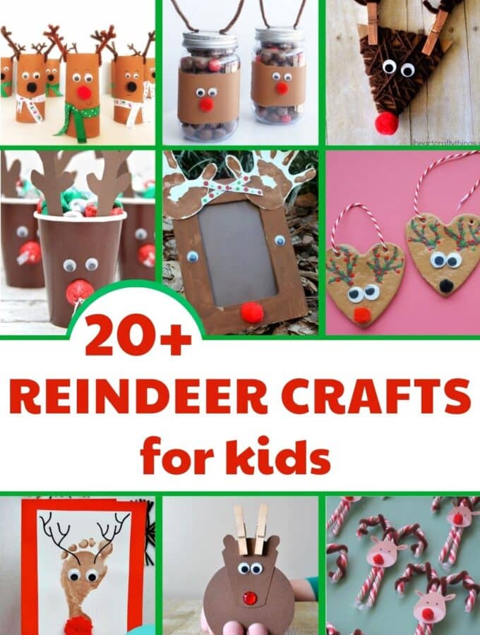 collage of reindeer crafts with title - 20+ reindeer crafts for kids