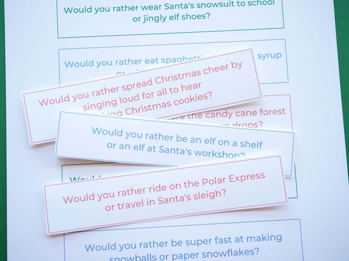 elf would you rather questions printed on paper and cut into strips