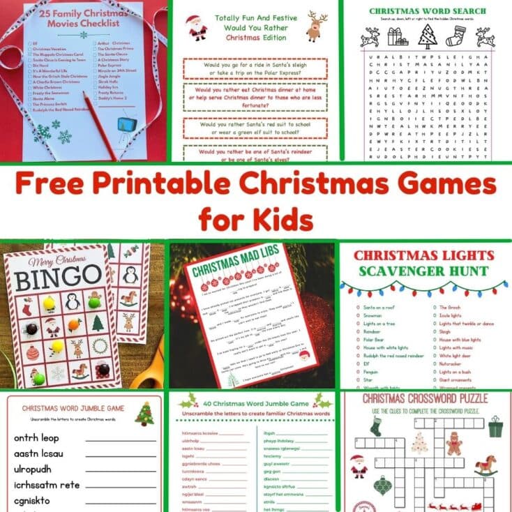 collage of free printable christmas games for families