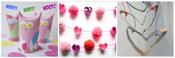 3 toilet paper roll valentine crafts - toilet roll owls, toilet roll heart garland and toilet roll heart necklace